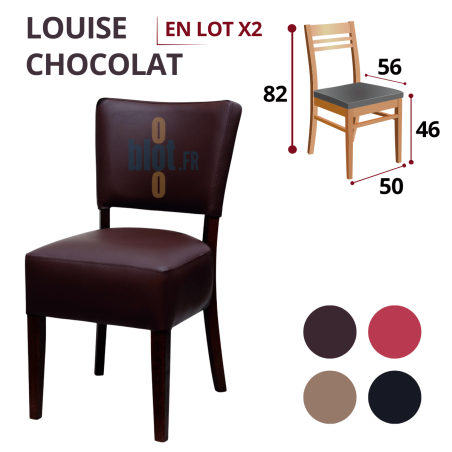 Chaise LOUISE Chocolat en simili cuir marron avec dimensions indiquées et autres coloris disponibles