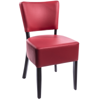 Chaise LOUISE Groseille en simili cuir rouge avec pieds en bois foncé vue de trois quarts