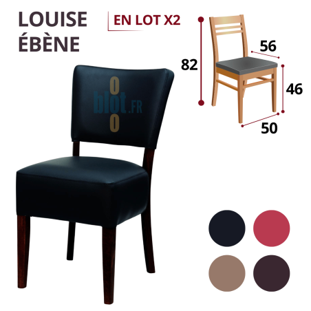 Chaise LOUISE Ébène en simili cuir noir avec dimensions indiquées et autres coloris disponibles