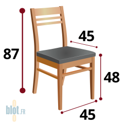 Schéma technique de la chaise LOUISE avec hauteur 87 cm largeur 44,5 cm profondeur 45 cm