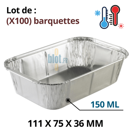 Lot de 100 barquettes aluminium BA 150 – format 111x75x36 mm – contenance 150 ml pour cuisson et stockage