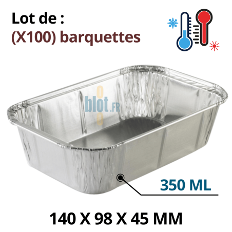 Lot de 100 barquettes aluminium BA350 – 350 ml – format 140x98x45 mm pour cuisson et vente à emporter