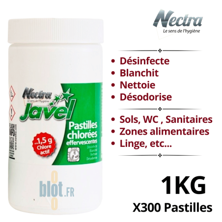 Boîte de 300 pastilles chlorées NECTRA 1 kg – désinfectant professionnel, nettoyage et blanchiment multi-usage