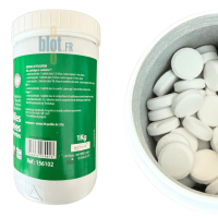 Pastilles de Javel NECTRA en pot de 1 kg – vue du dos et des comprimés effervescents pour désinfection hygiénique