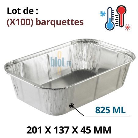Lot de 100 barquettes aluminium BA750 – 825 ml – format 201x137x45 mm pour cuisson, conservation et transport alimentaire