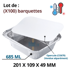 Lot de 100 barquettes aluminium BO670 – 685 ml – format 201x109x49 mm avec opercule CO670 vendu séparément