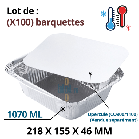 Lot de 100 barquettes aluminium BO1100 – 1070 ml – format 218x155x46 mm avec opercule CO900/CO1100 vendu séparément