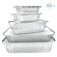 Empilement de barquettes aluminium BO1500 – différents formats pour restauration et vente à emporter
