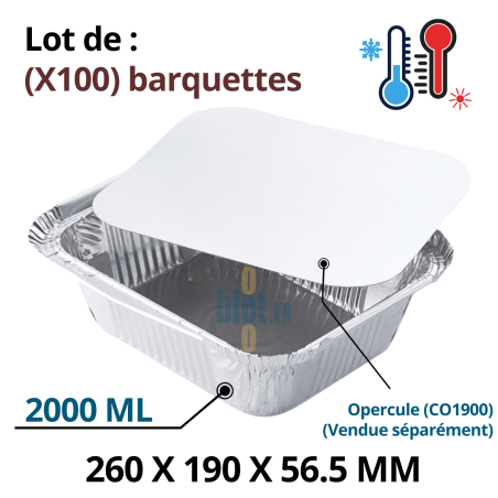 Lot de 100 barquettes aluminium BO1900 – 2000 ml – format 260x190x56,5 mm avec opercule CO1900 vendu séparément