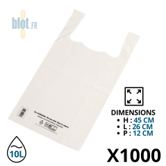 Sac bretelle plastique blanc 10L 26+12×45cm conditionné par 1000 pièces