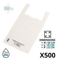 Sac bretelle plastique blanc 25L dimensions 35+22x56 cm présenté à plat sur fond blanc