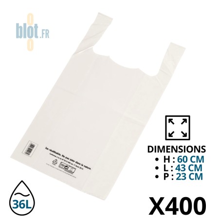 (X400) – Sacs bretelles plastique blanc (36L) – (43 + 23 x 60 cm) - Vue principale et ses caractéristiques