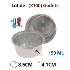 Lot de 100 godets aluminium GO125 de 150 ml empilés avec dimensions visibles