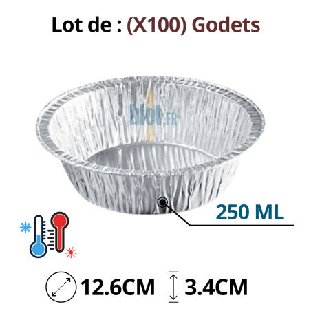 Godets aluminium jetables 250 ml empilés avec indication dimensions 12,6 cm et hauteur 3,4 cm