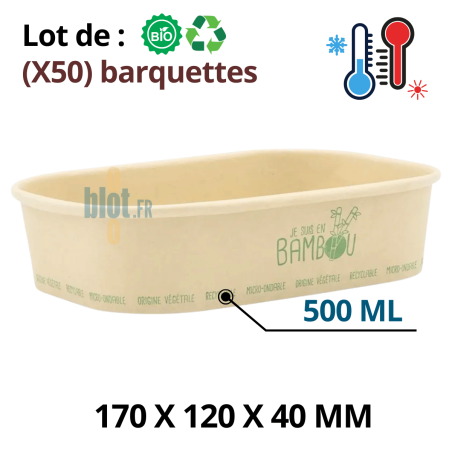 Lot de 50 barquettes alimentaire bambou et PP 500 ml format 17×12×4 cm