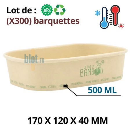 Lot de 300 barquettes alimentaire bambou et PP 500 ml format 17×12×4 cm