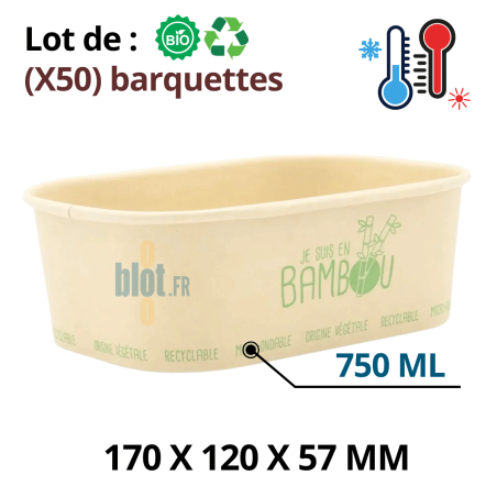 Barquette alimentaire bambou 750 ml rectangulaire micro-ondable recyclable 17x12x5,7 cm vue de profil