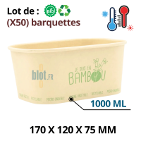 Barquette alimentaire bambou 1000 ml vue de face avec marquage “je suis en bambou”