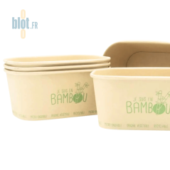 Zoom sur des barquettes bambou 1000 ml empilées avec marquage vert