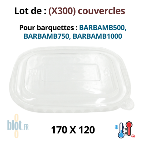 couvercle PET transparent 170×120 mm compatible barquettes bambou BARBAMB500 BARBAMB750 BARBAMB1000 lot 300