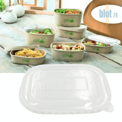 couvercle PET transparent présenté avec barquettes garnies sur table compatible gammes bambou 500 750 1000