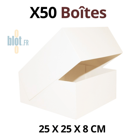 Boîte pâtissière blanche 25 × 25 × 8 cm ouverte, lot de 50 présenté