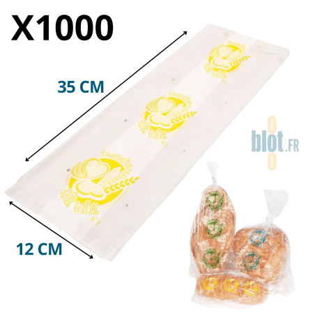 Sac à pain tranché transparent imprimé jaune 12+10×35 cm présenté à plat avec dimensions indiquées