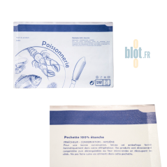Pochette papier poissonnerie étanche avec bande adhésive – emballage alimentaire blanc impression bleue blot.fr