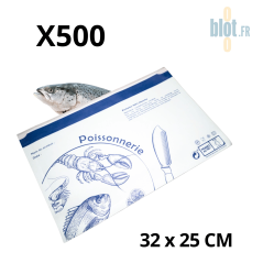 Pochette alimentaire poissonnerie 33x25 cm – papier blanc impression bleue étanche pour poissons et fruits de mer