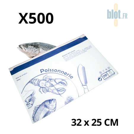 Pochette alimentaire poissonnerie 33x25 cm – papier blanc impression bleue étanche pour poissons et fruits de mer