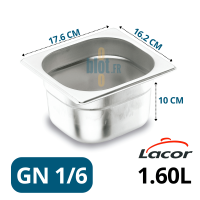 Bac Gastronorme GN 1/6 inox 1.6L – 176x162x100 mm – bac inox professionnel Lacor
