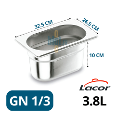 bac inox GN 1/3 avec indication des dimensions 32,5×17,6×10 cm et capacité 3,8 litres.