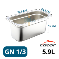 Bac gastronorme inox GN 1/3 avec dimensions 32.5×26.5×15 cm affichées