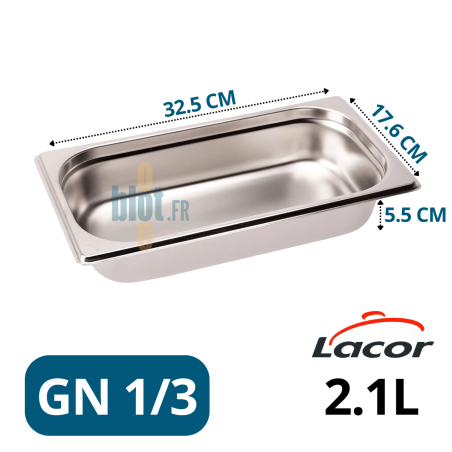 Bac inox GN 1/3 Lacor avec indication visuelle des dimensions 32,5×17,6×5,5 cm.