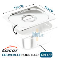 Couvercle inox GN 1/9 Lacor posé au-dessus d’un bac avec dimensions 17.6×10.8 cm