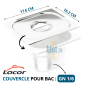 Couvercle inox GN 1/6 posé au-dessus d’un bac gastronorme avec dimensions 17,6 × 16,2 cm