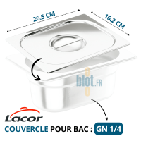 Couvercle inox GN 1/4 avec poignée, dimensions 26.5 × 16.2 cm