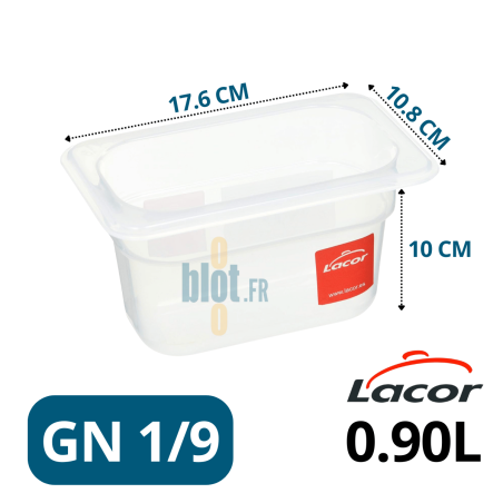 Bac GN 1/9 en polypropylène transparent de 0,9 litre avec dimensions visibles