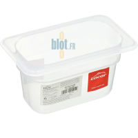 Bac GN 1/9 en polypropylène transparent vu avec l’étiquette Lacor sur la paroi