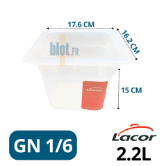 Bac gastronorme GN 1/6 en polypropylène transparent avec dimensions indiquées