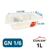 Bac gastronorme GN 1/6 polypropylène 1 litre vu de face avec dimensions