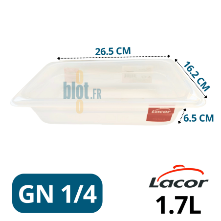 bac gastronorme GN 1/4 en polypropylène avec indication des dimensions 26,5×16,2×6,5 cm