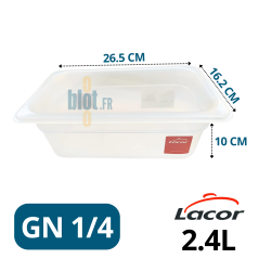 Bac gastronorme GN 1/4 en polypropylène transparent avec dimensions affichées