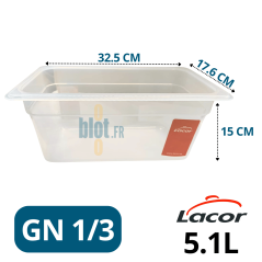 Bac gastronorme GN 1/3 5,1 L en polypropylène avec dimensions indiquées