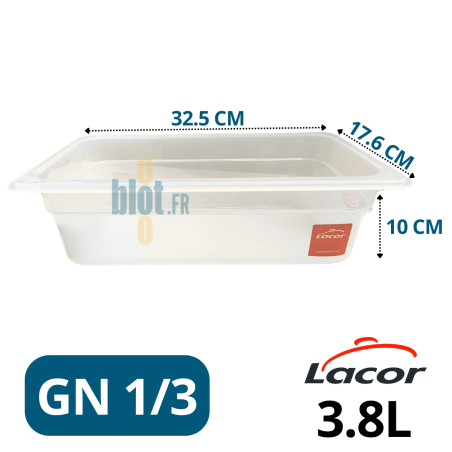Bac gastronorme GN 1/3 en polypropylène hauteur 10 cm avec dimensions indiquées