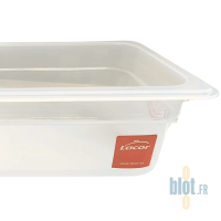 Détail du bord et de l’étiquette Lacor d’un bac GN 1/3 en polypropylène