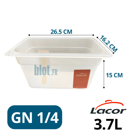 Bac gastronorme GN 1/4 polypropylène 3,7 L Lacor – dimensions 26,5×16,2×15 cm – bac alimentaire transparent
