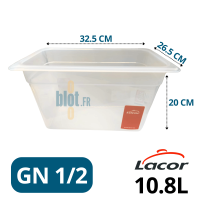 Bac gastronorme GN 1/2 polypropylène 10,8 L avec dimensions indiquées