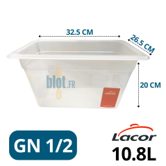 Bac gastronorme GN 1/2 polypropylène 10,8 L avec dimensions indiquées