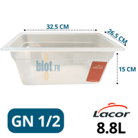 Bac gastronorme GN 1/2 polypropylène 8,80 L avec dimensions indiquées